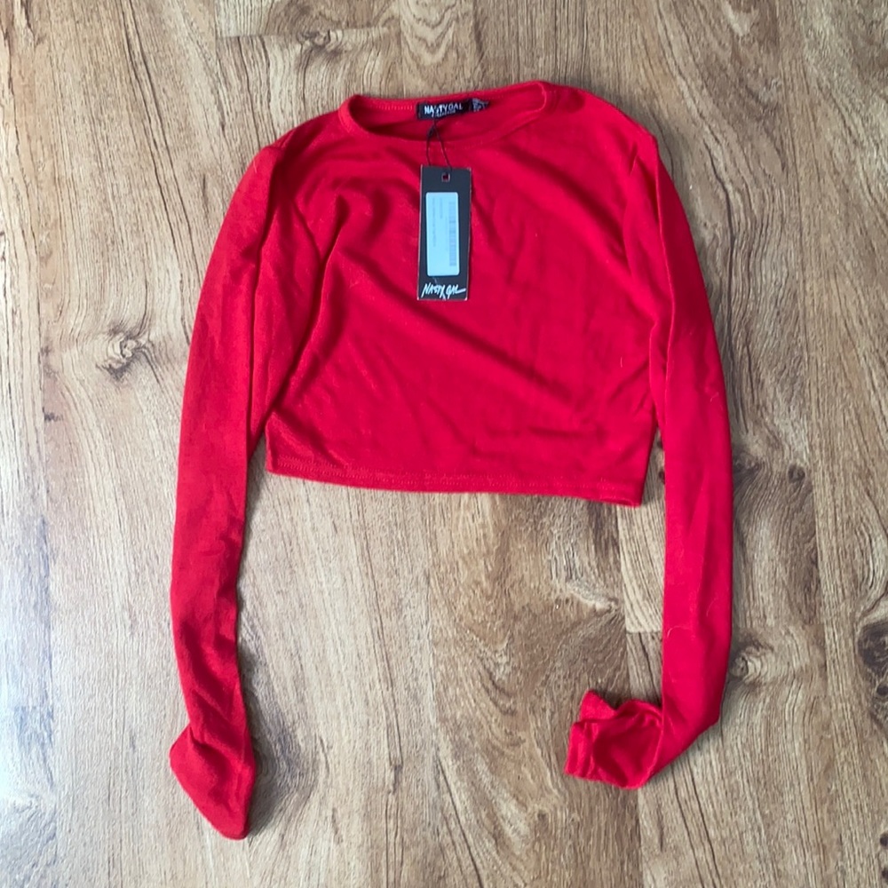 Nastygal red long sleeve crop top, 0 NWT